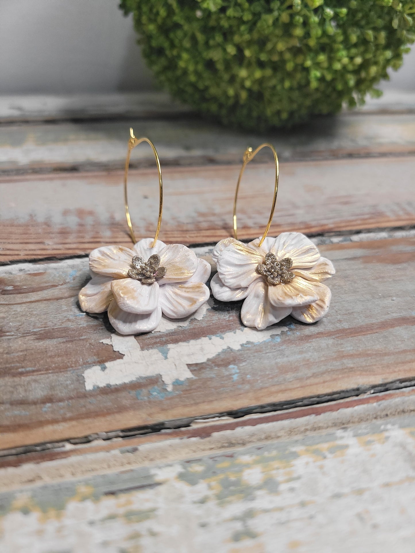 White & Gold Blossomed Hoops