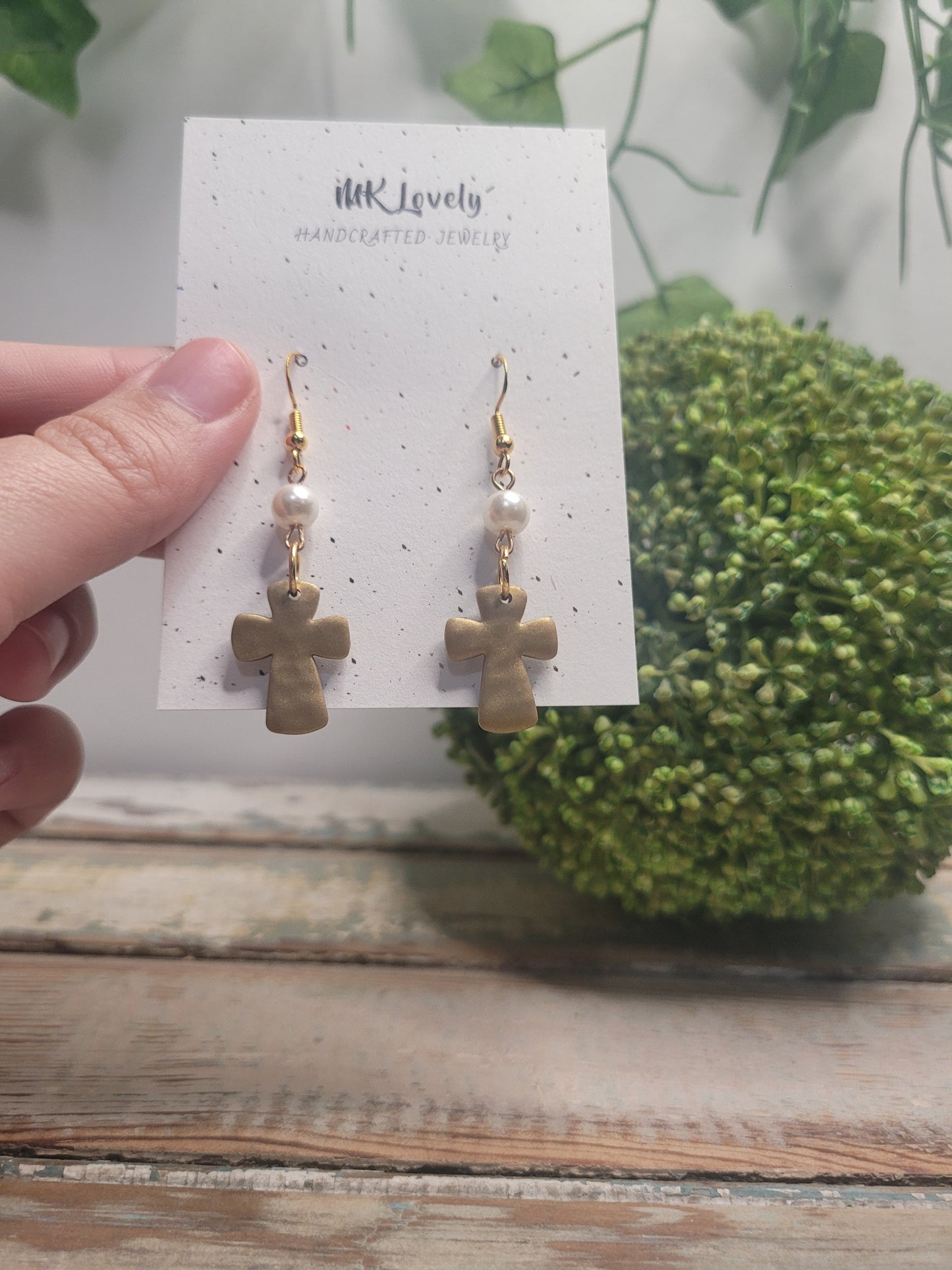 Cross & Pearl Hammered Clay Dangles