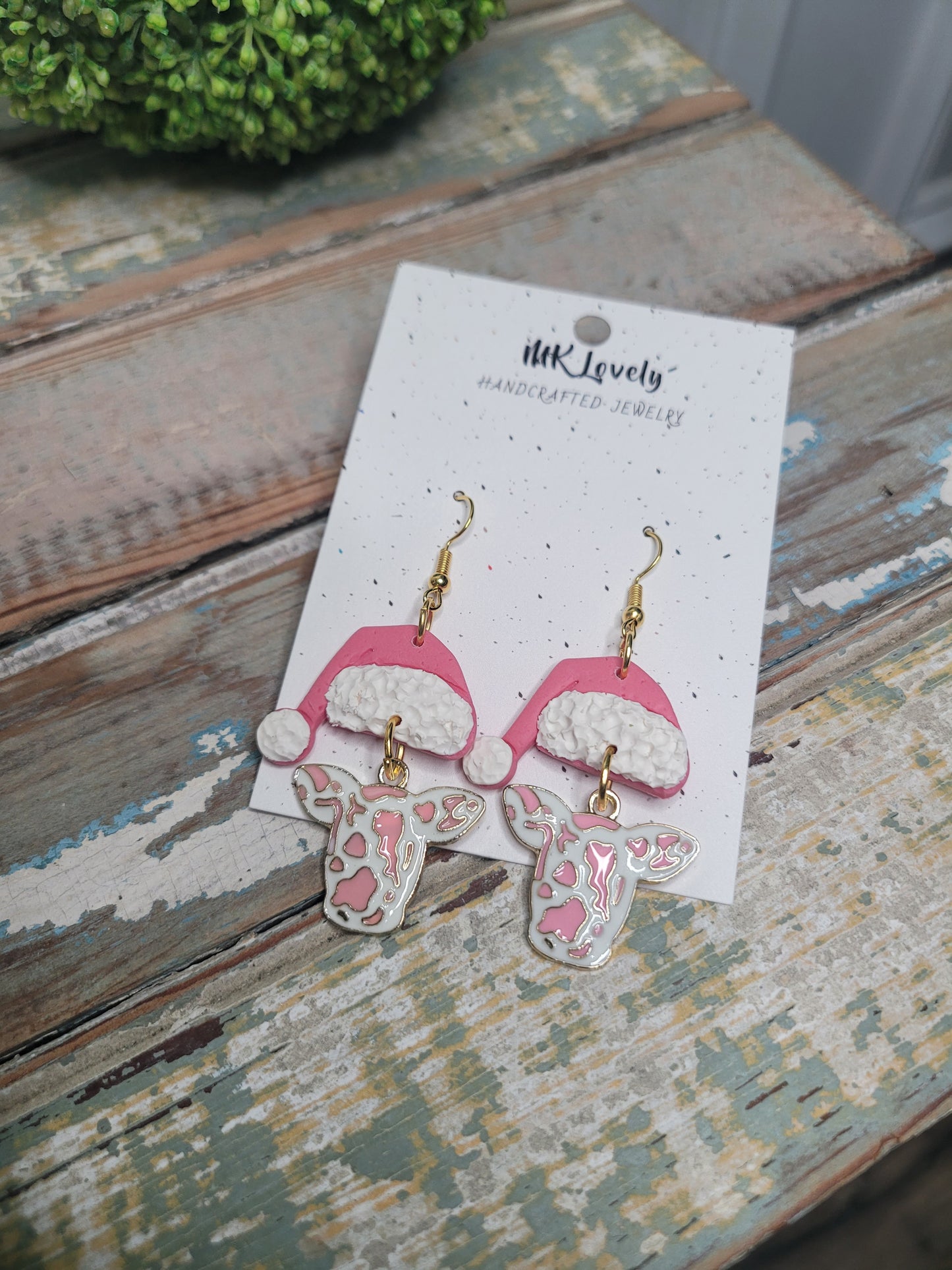 Pink Christmas Cow Earrings