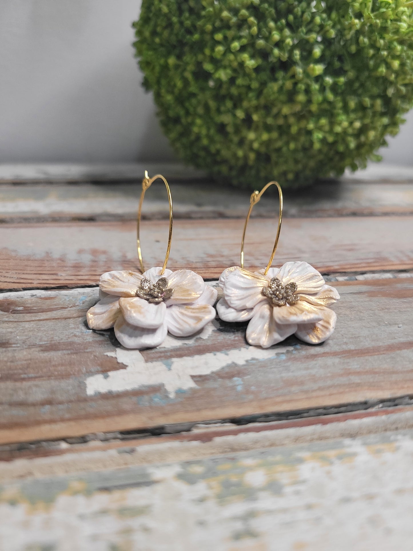 White & Gold Blossomed Hoops