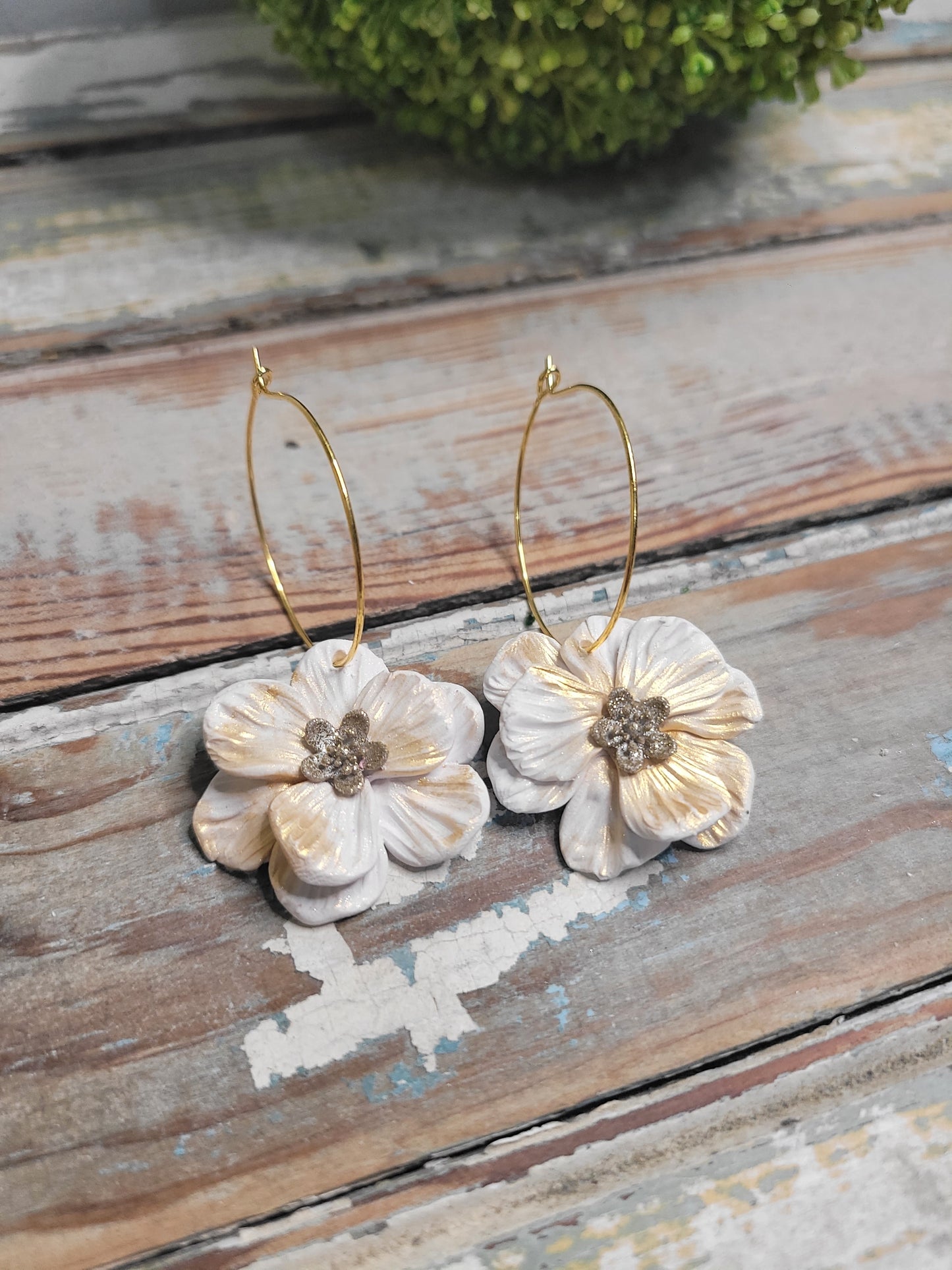 White & Gold Blossomed Hoops