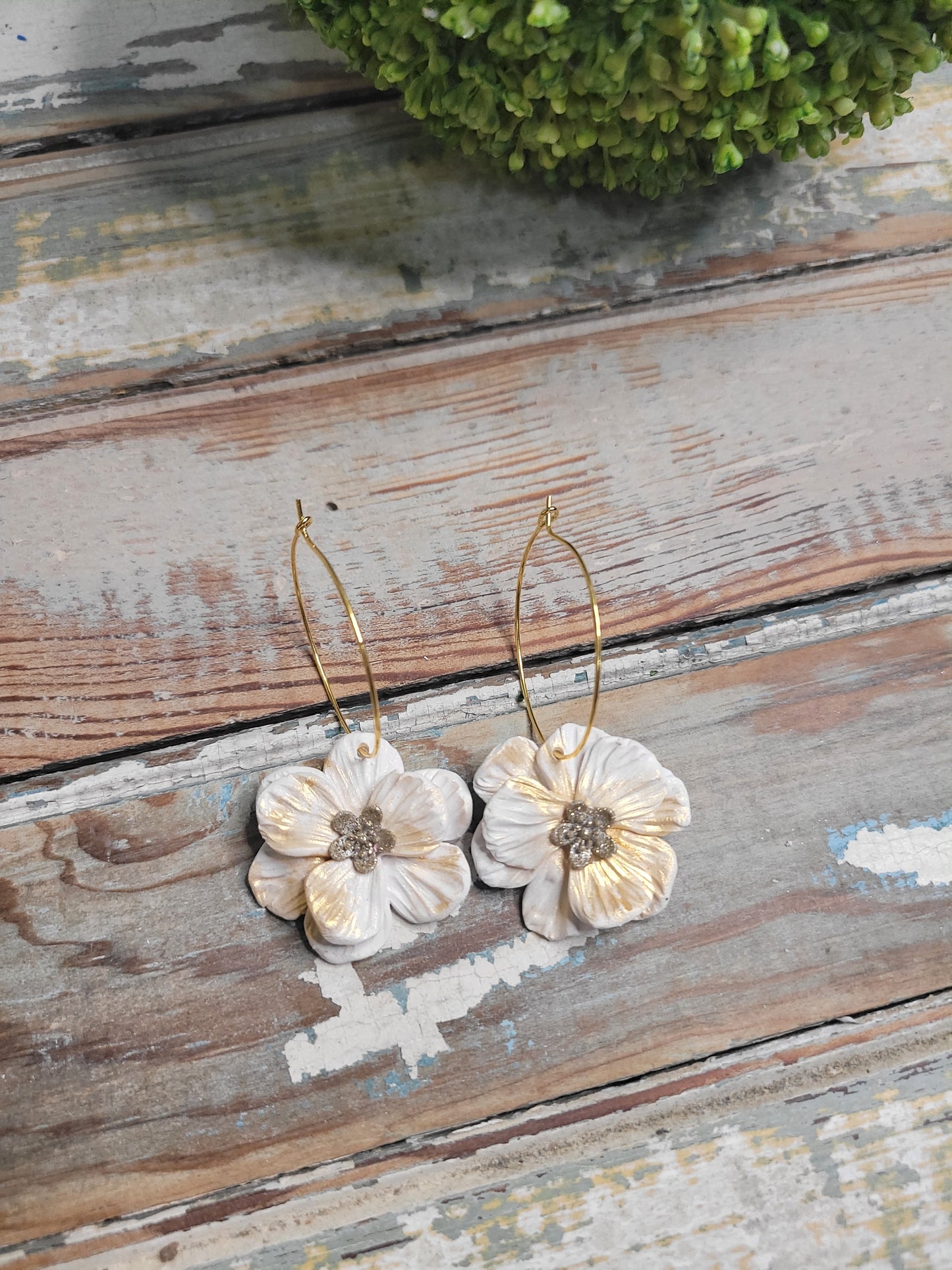 White & Gold Blossomed Hoops