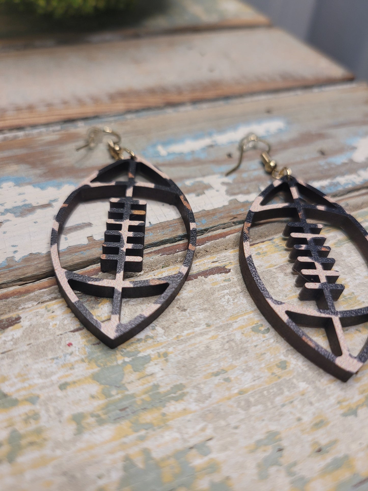 Wooden Leopard Football Earrings