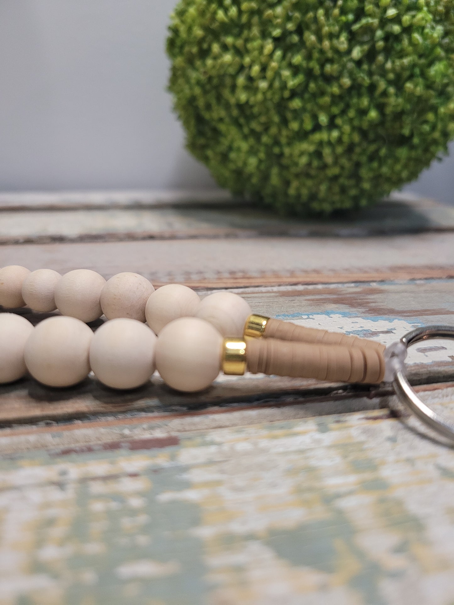 Natural Wood & Gold Beaded Lanyard