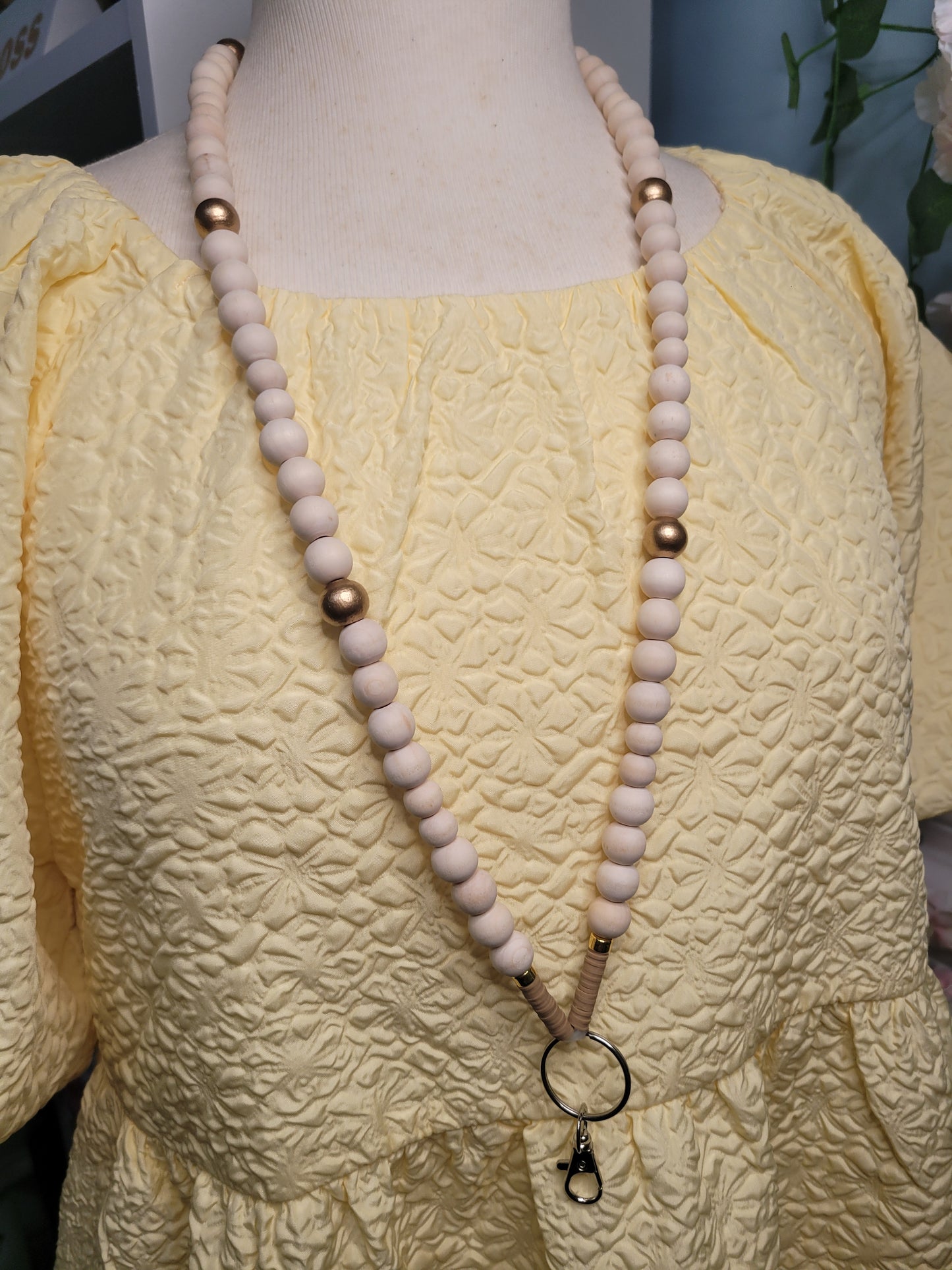 Natural Wood & Gold Beaded Lanyard