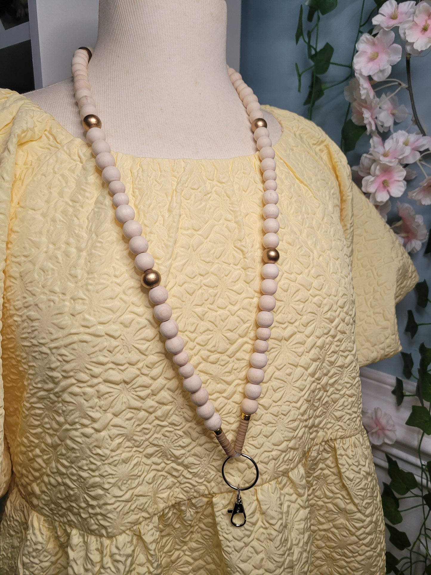 Natural Wood & Gold Beaded Lanyard