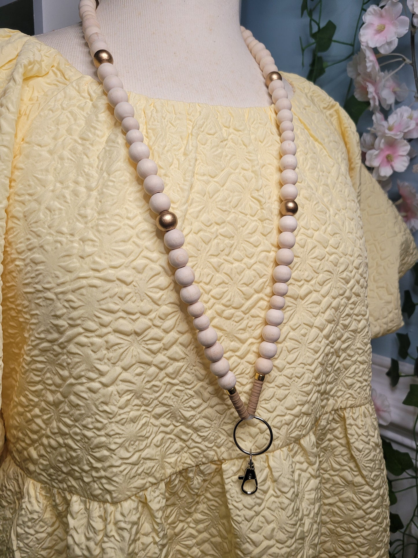 Natural Wood & Gold Beaded Lanyard