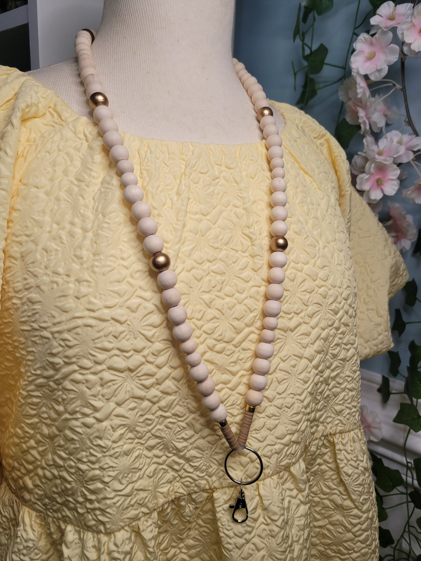 Natural Wood & Gold Beaded Lanyard