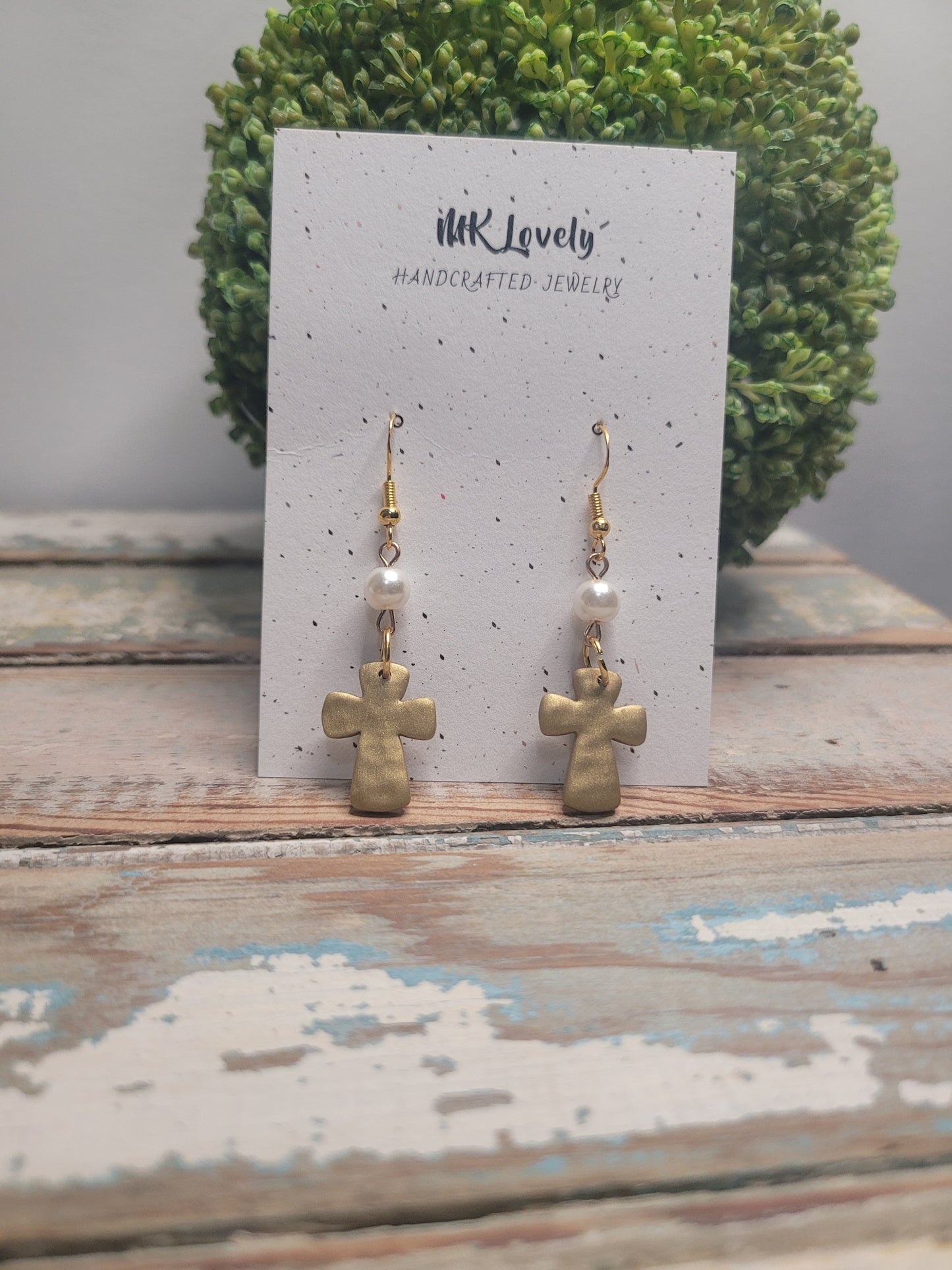 Cross & Pearl Hammered Clay Dangles