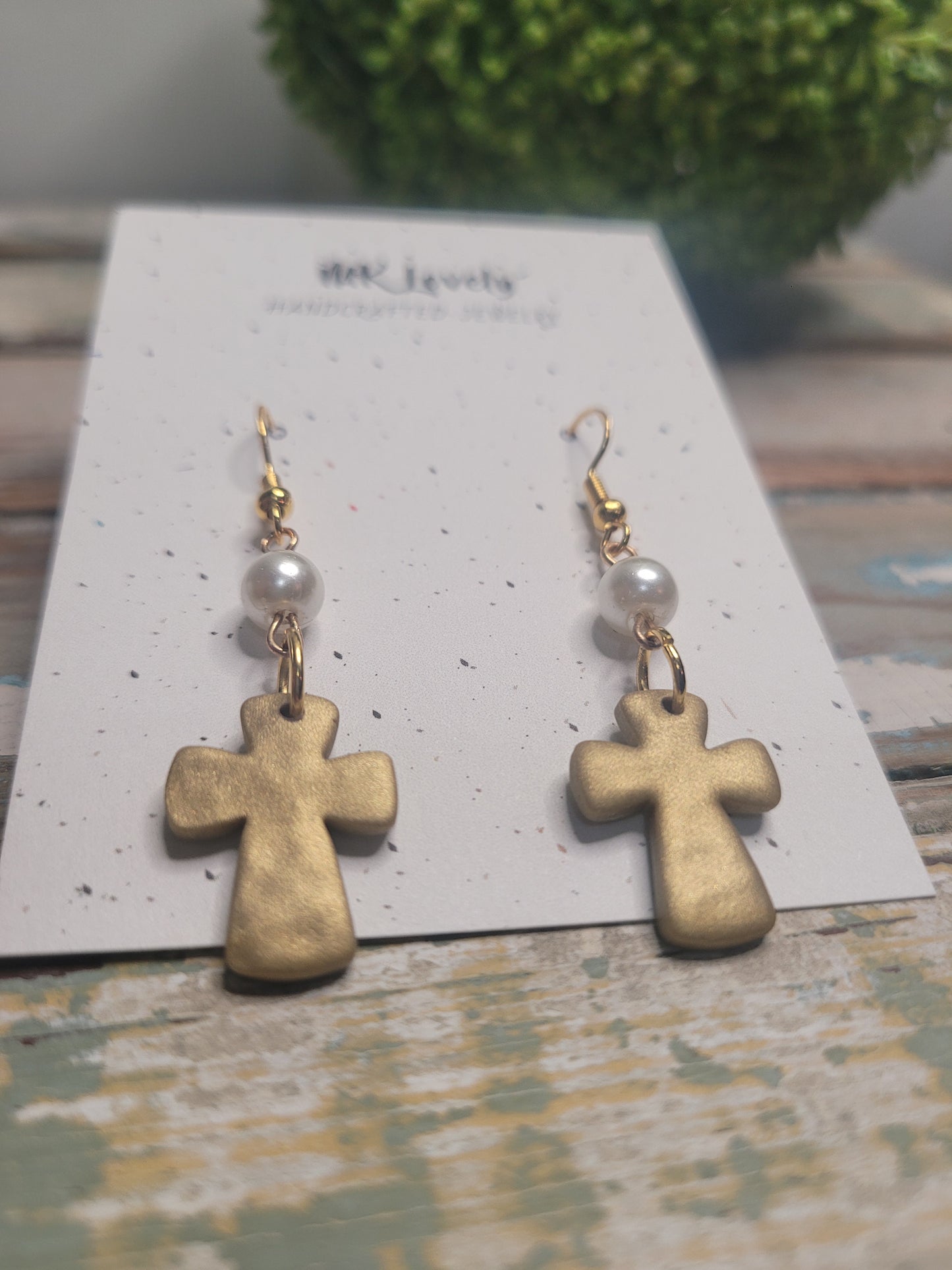 Cross & Pearl Hammered Clay Dangles