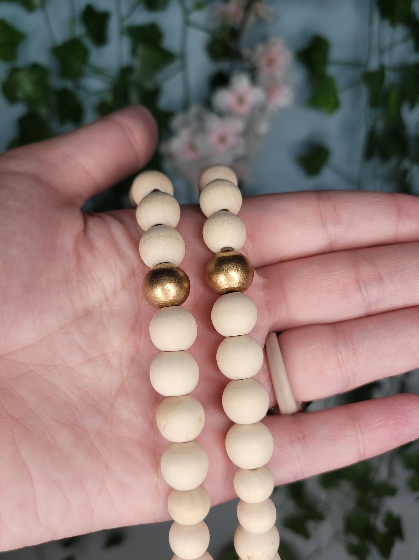 Natural Wood & Gold Beaded Lanyard