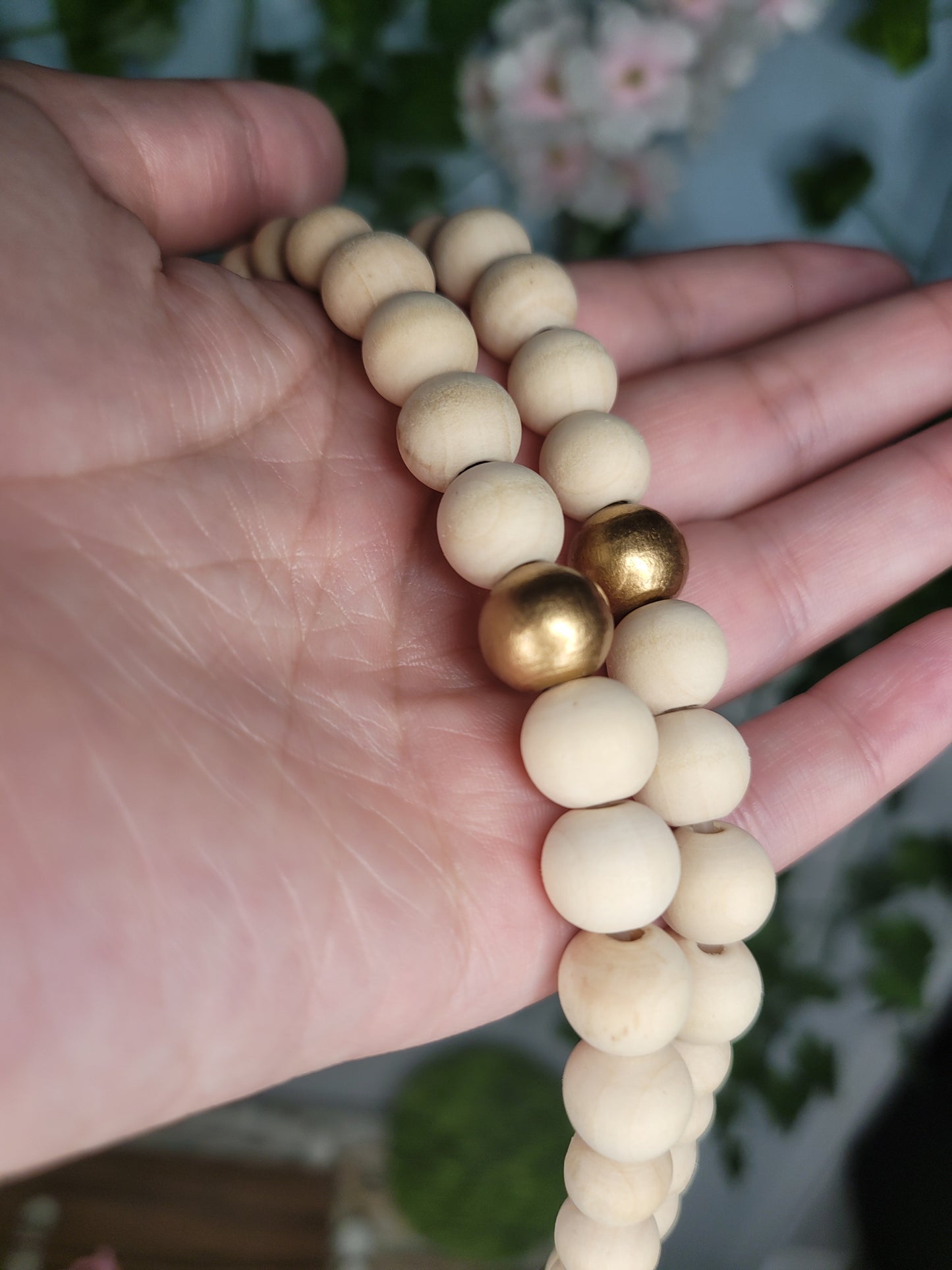 Natural Wood & Gold Beaded Lanyard