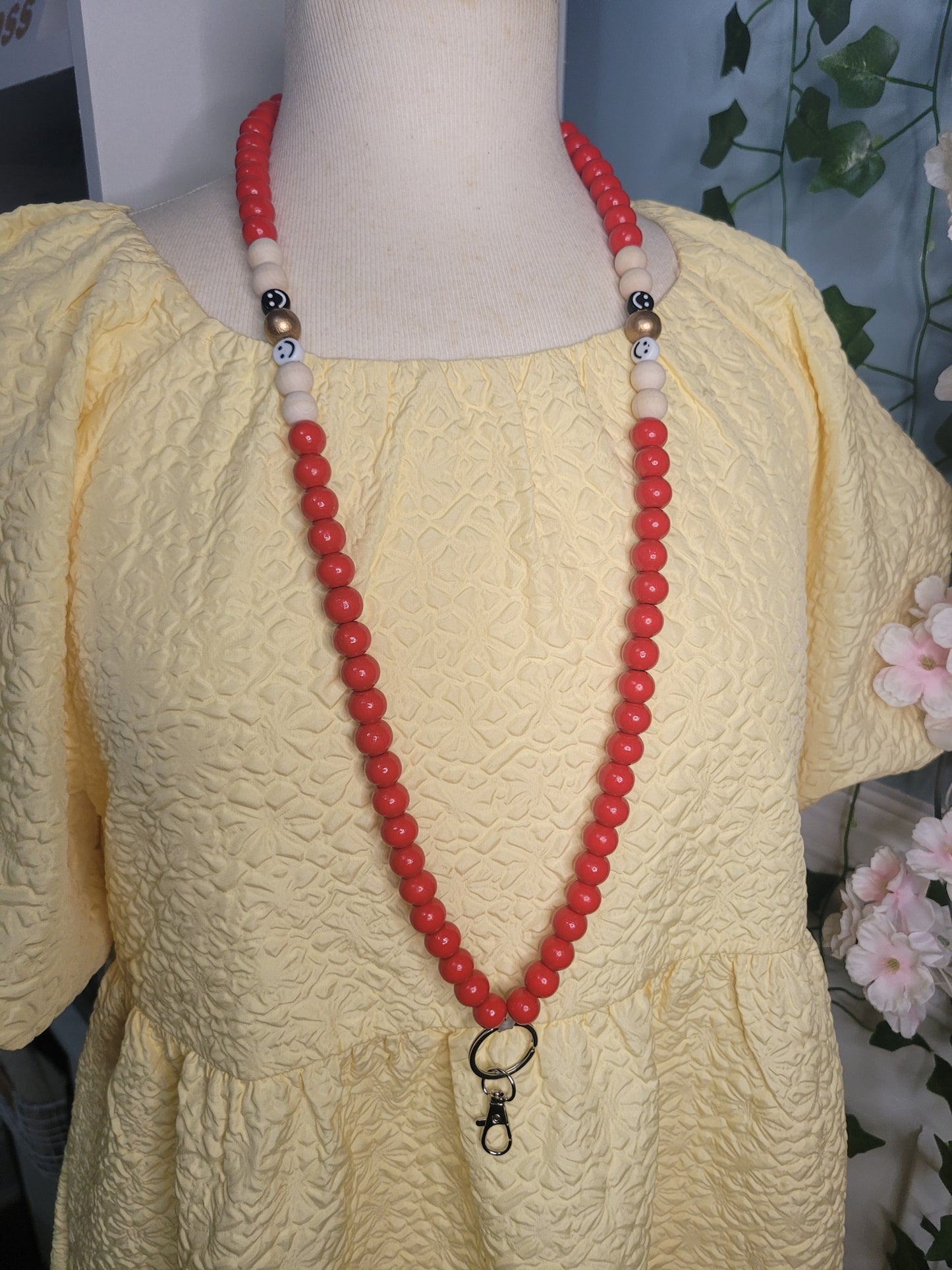 B&W Smiley Red Beaded Lanyard