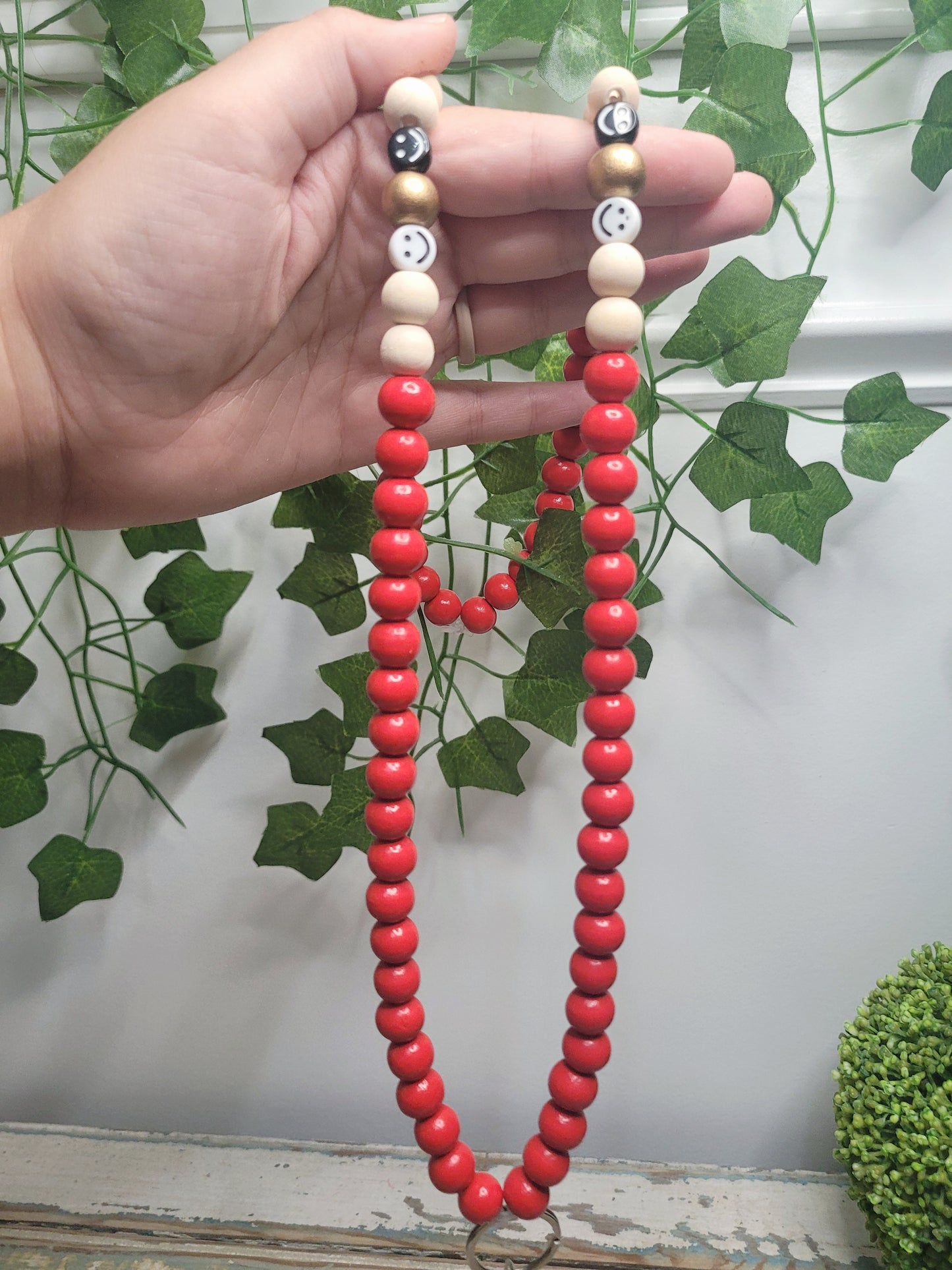 B&W Smiley Red Beaded Lanyard