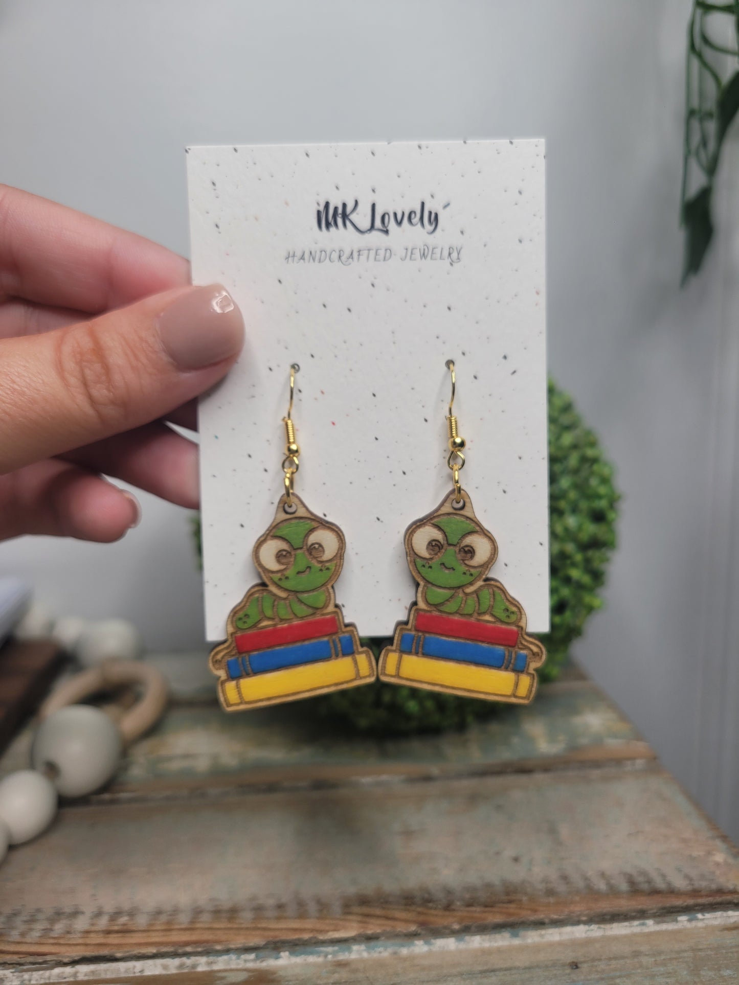 Wooden Bookworm Dangles