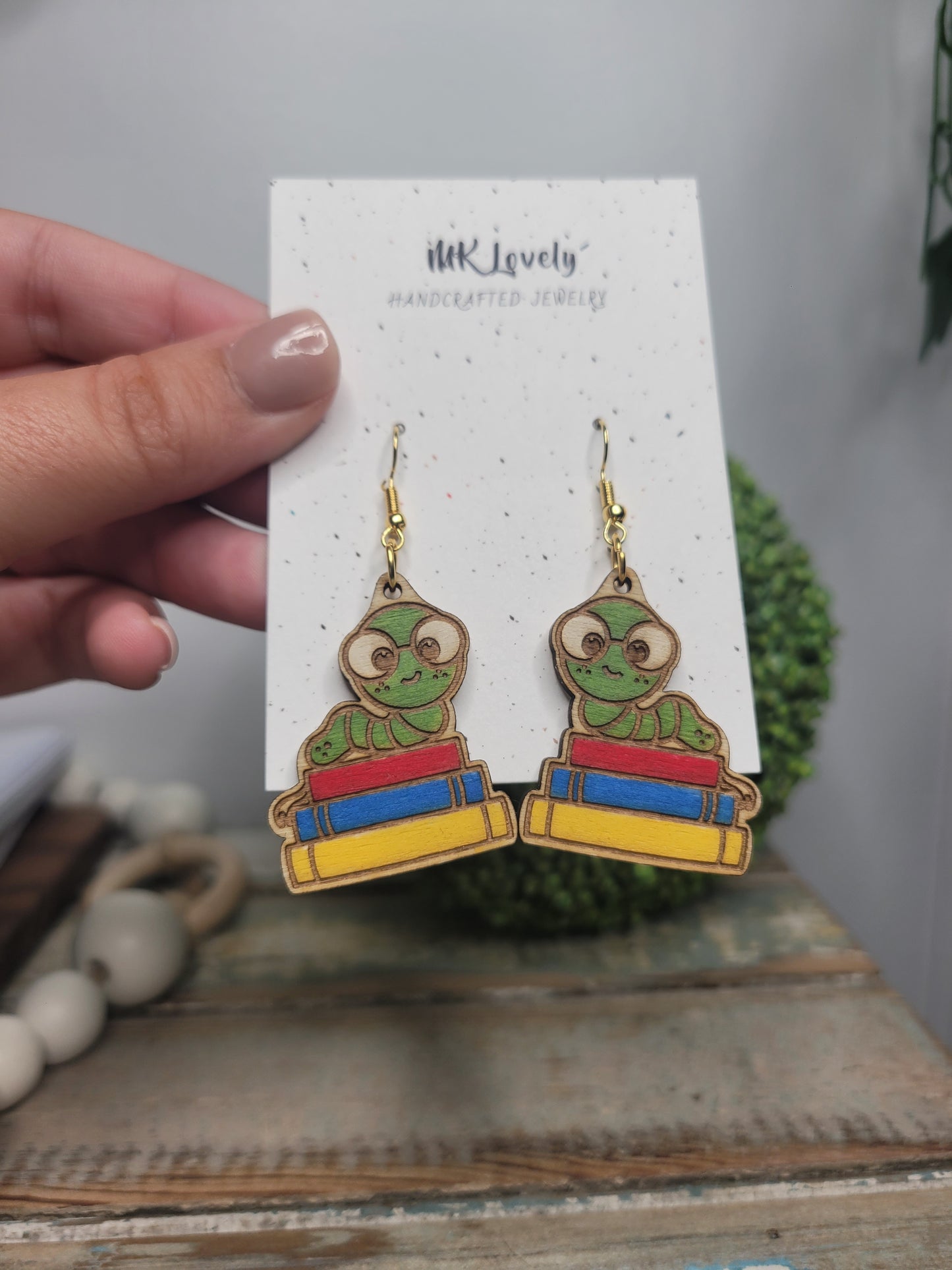 Wooden Bookworm Dangles