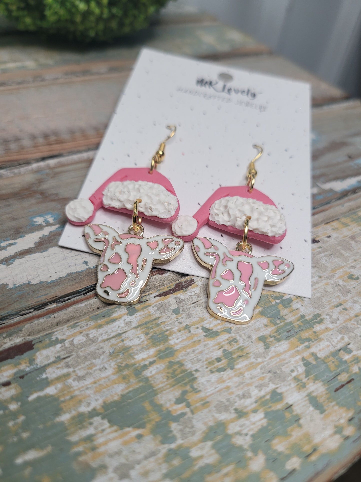 Pink Christmas Cow Earrings