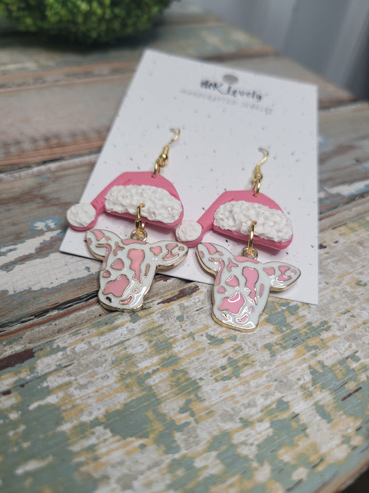 Pink Christmas Cow Earrings