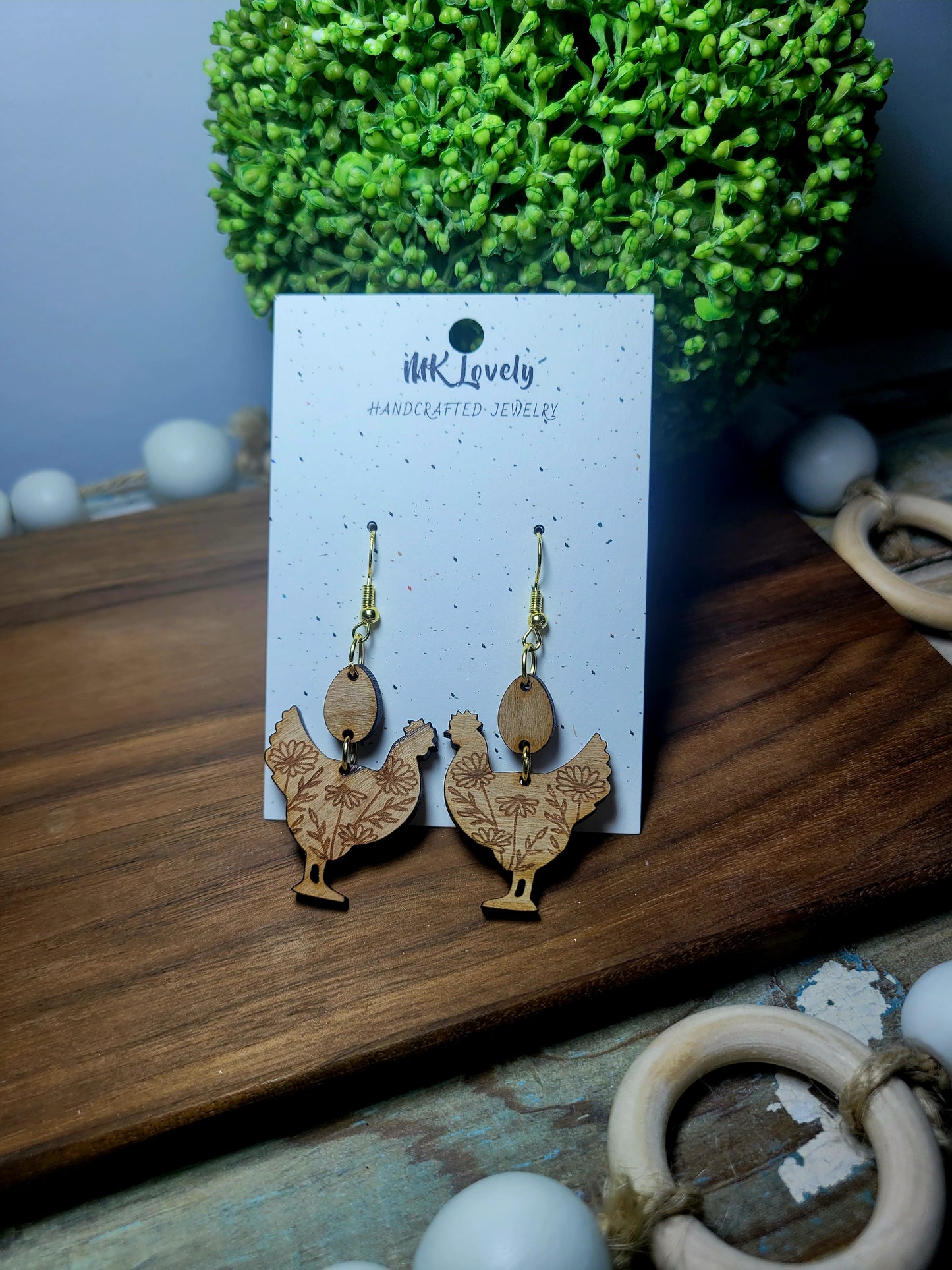 Cherry Wood Floral Chicken Dangles
