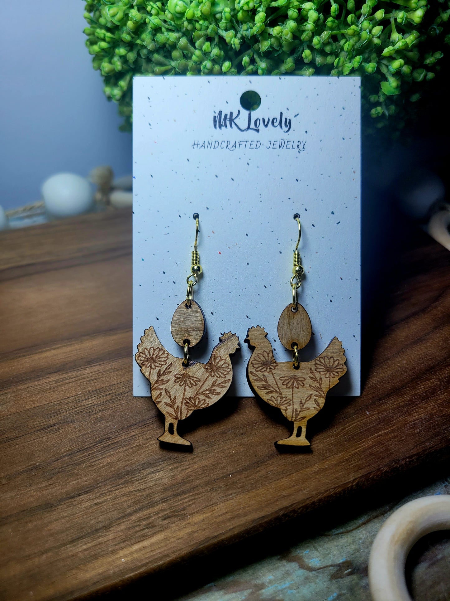 Cherry Wood Floral Chicken Dangles