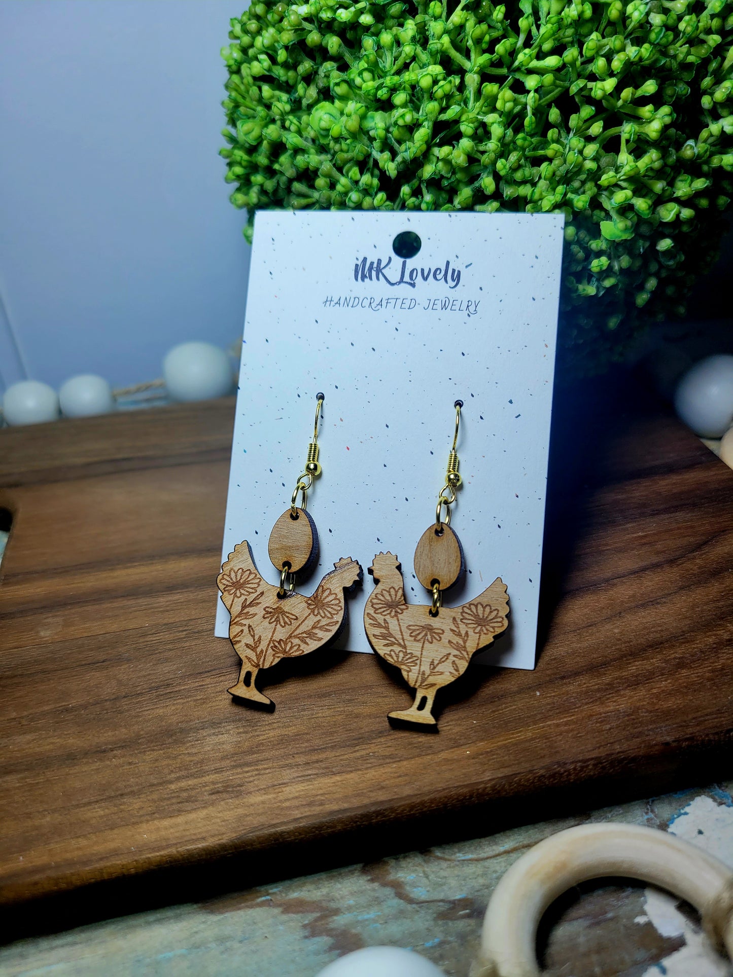Cherry Wood Floral Chicken Dangles