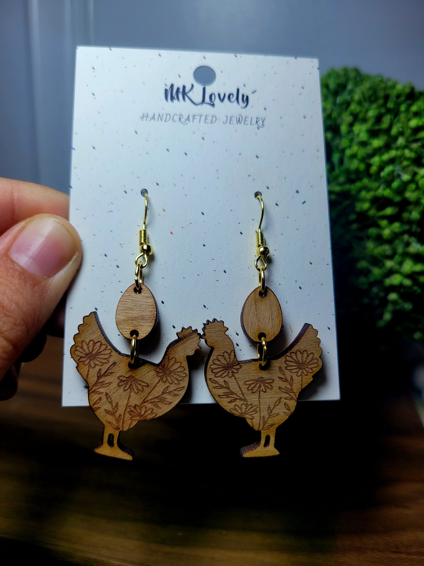 Cherry Wood Floral Chicken Dangles