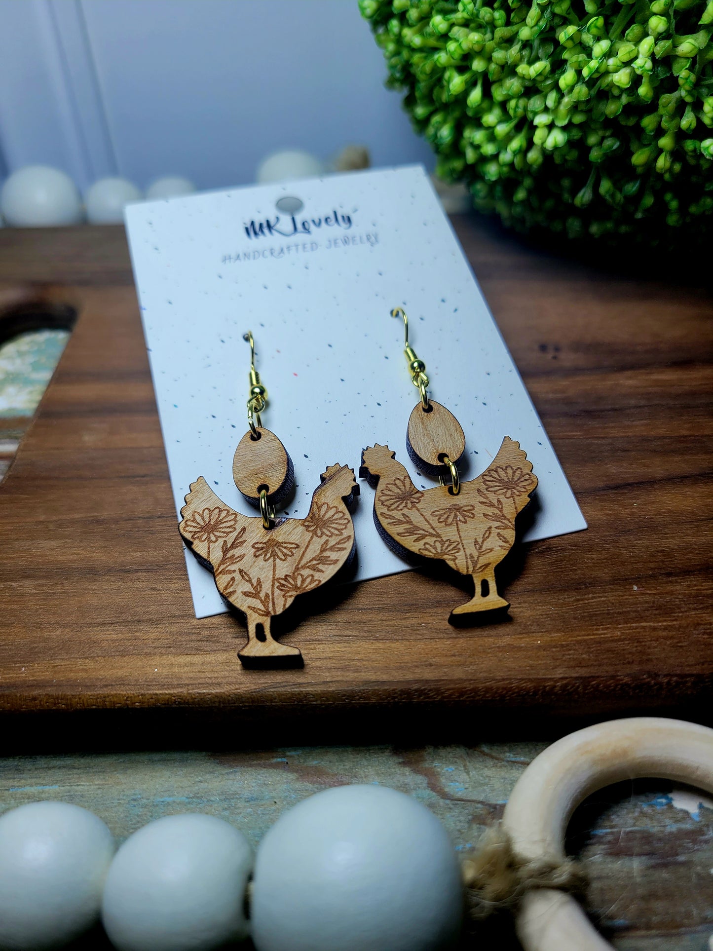 Cherry Wood Floral Chicken Dangles