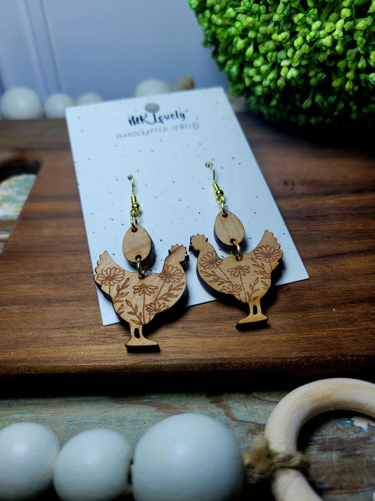 Cherry Wood Floral Chicken Dangles