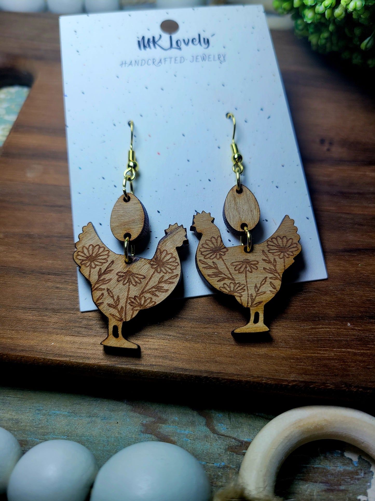 Cherry Wood Floral Chicken Dangles