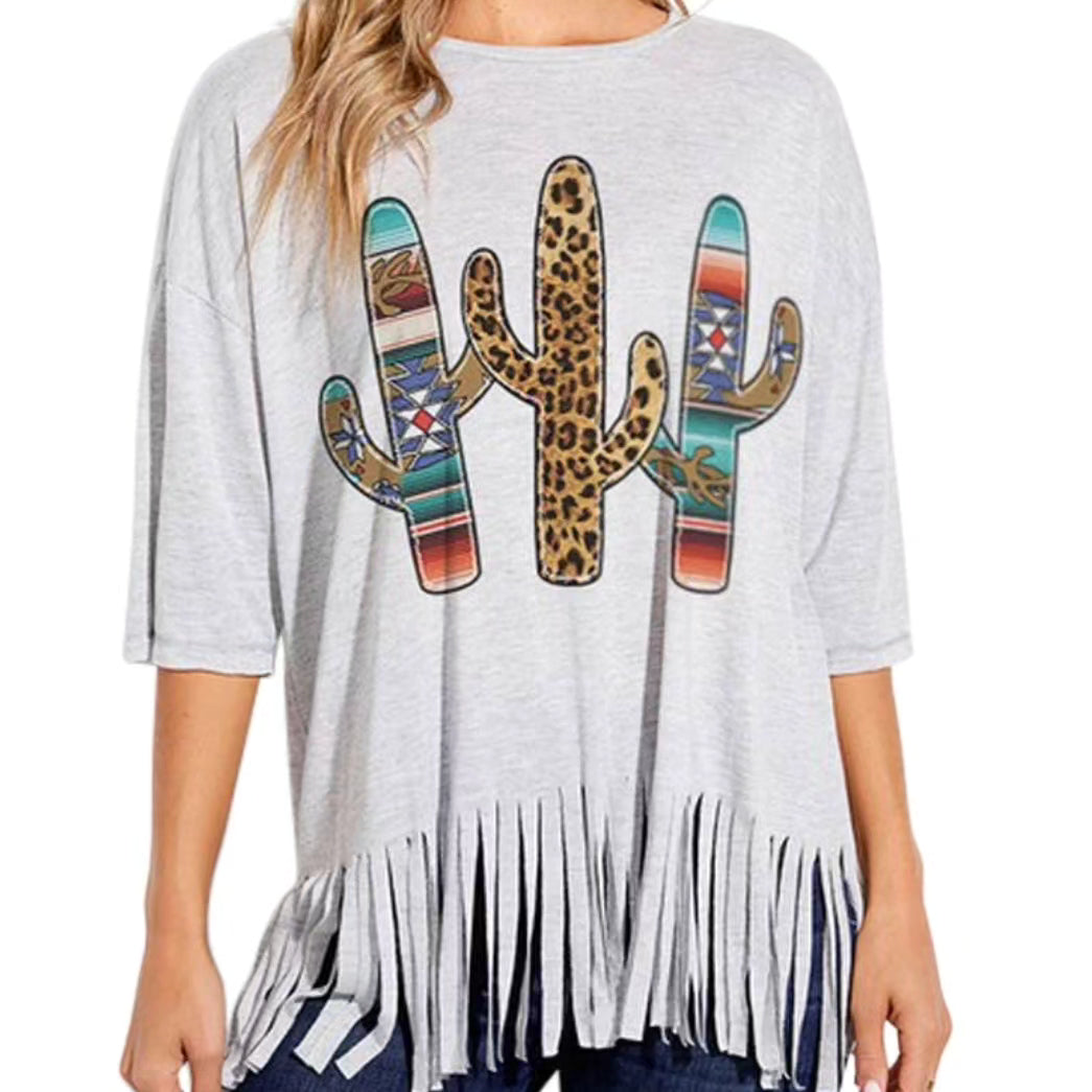 Leopard Cactus Fringe Short Sleeve Top