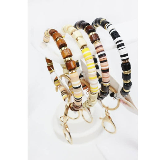 Wood Mix Bead Bracelet Keychain