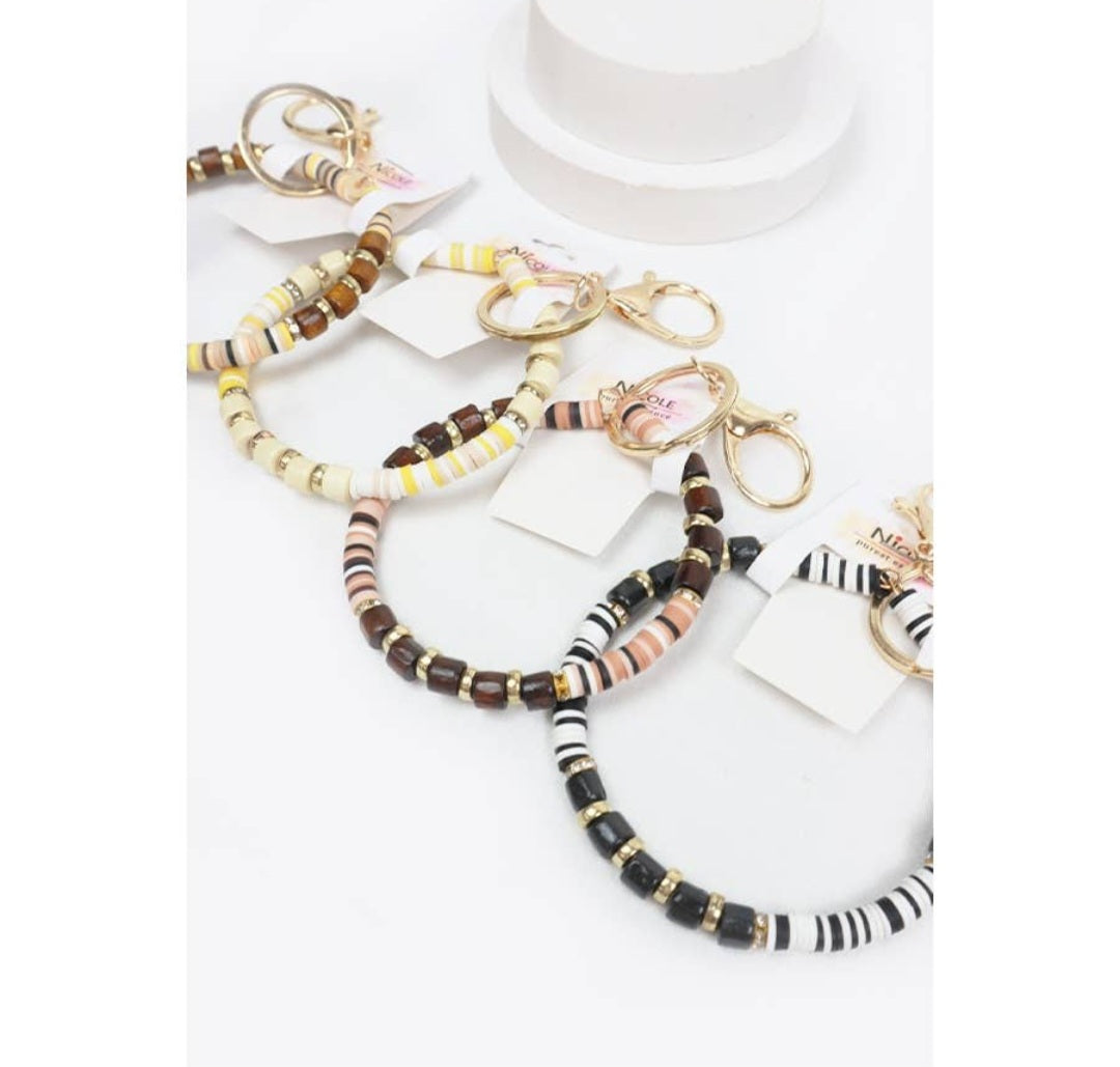 Wood Mix Bead Bracelet Keychain