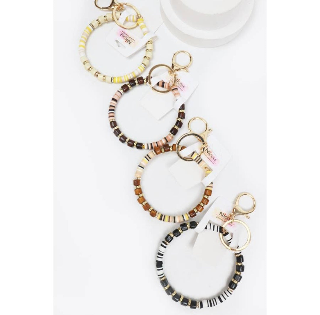 Wood Mix Bead Bracelet Keychain