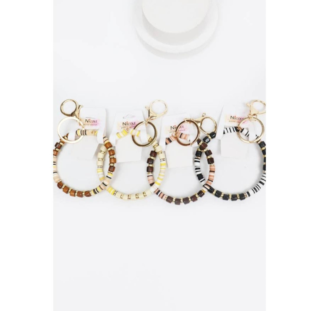 Wood Mix Bead Bracelet Keychain