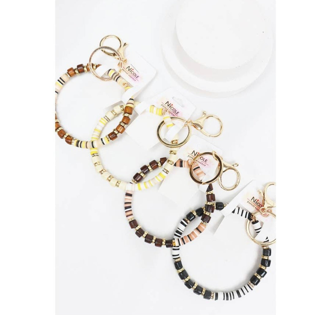 Wood Mix Bead Bracelet Keychain