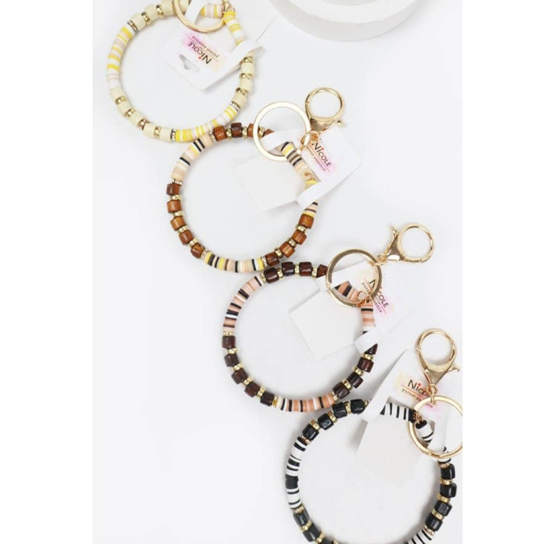 Wood Mix Bead Bracelet Keychain