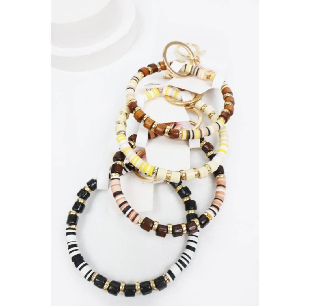 Wood Mix Bead Bracelet Keychain