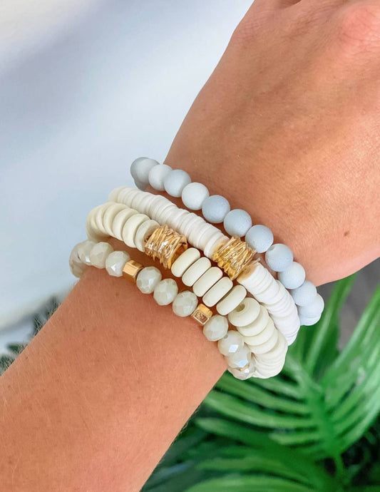 White & Crystal Beaded Stretch Bracelet Stack