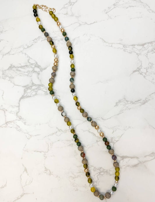 Turquoise Stone & Gold Beaded Long Necklace