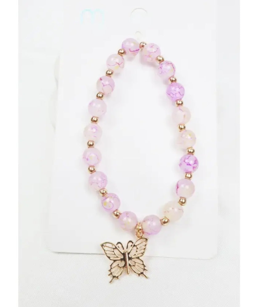 Butterfly Charm Glass Bead Bracelet