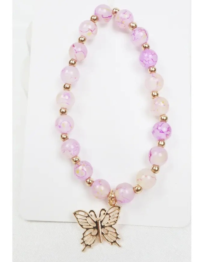 Butterfly Charm Glass Bead Bracelet