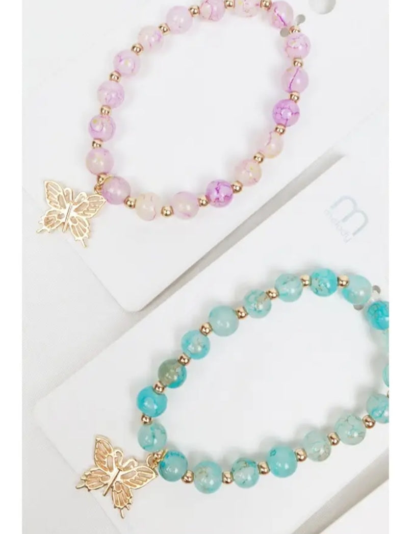 Butterfly Charm Glass Bead Bracelet