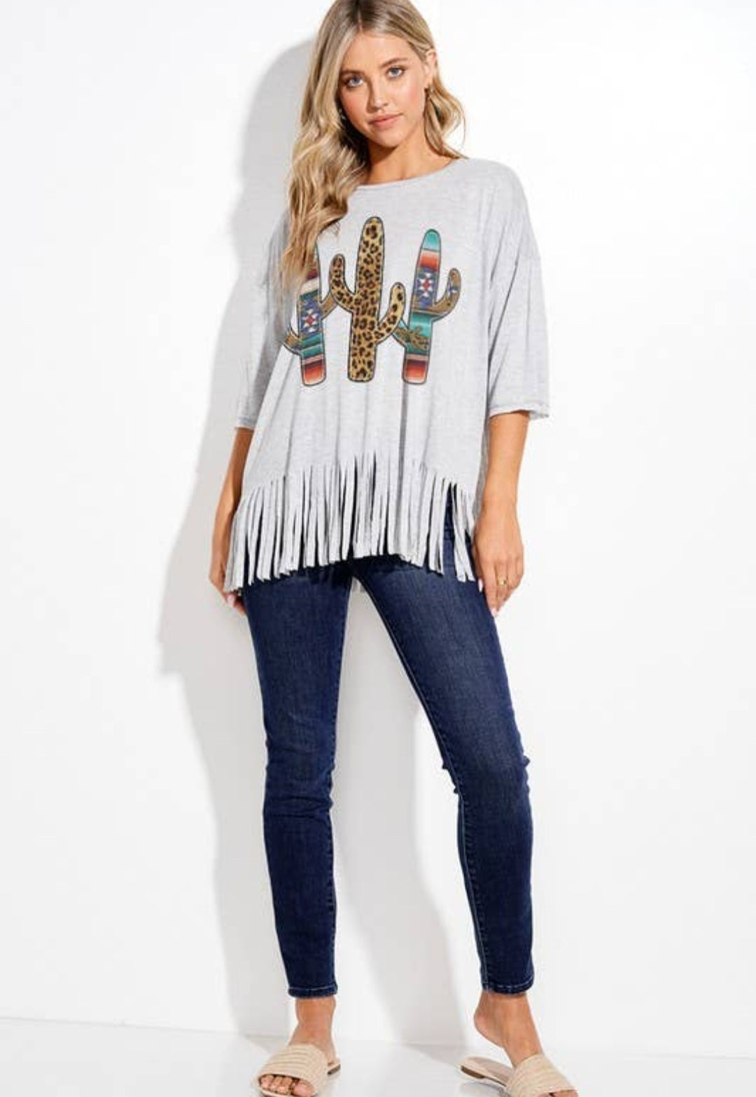 Leopard Cactus Fringe Short Sleeve Top