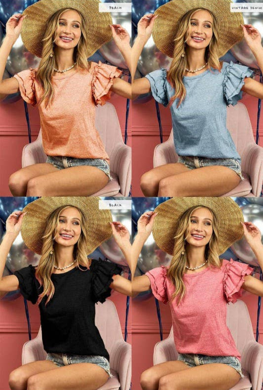 Vintage Denim Knit Ruffle Sleeve Top