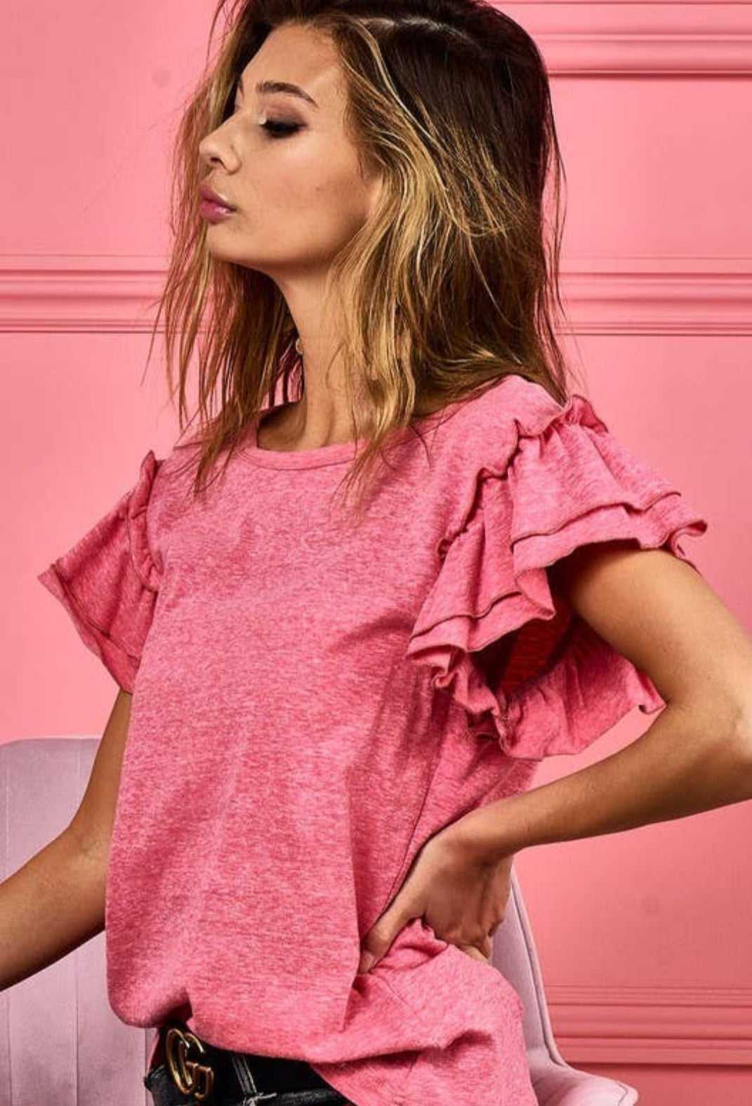 Vintage Denim Knit Ruffle Sleeve Top