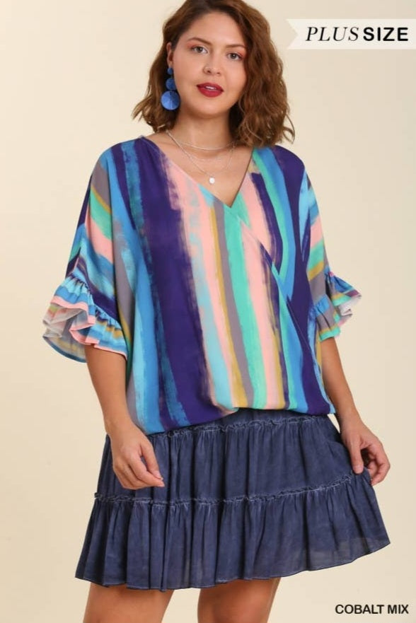 Mixed Print Top with High/Low Hem Ruffle Sleeves
